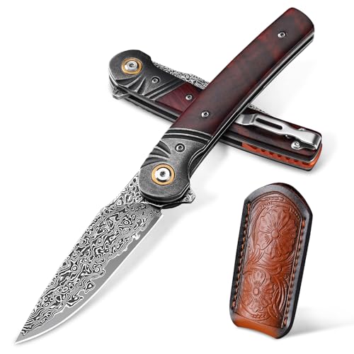 Omesio Damast Klappmesser, Klingenlänge 8,3 cm, Holzgriff mit Taschenclip, für den täglichen Gebrauch, für Männer und Frauen.