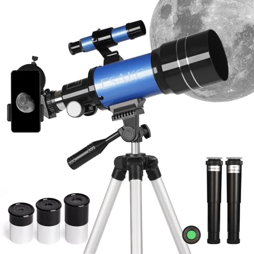 ESAKO Teleskop für Kinder & Einsteiger, 70mm Blende Tragbares Teleskop Astronomisches Linsenteleskop mit Ausziehbarem Stativ, Telefonhalterung, Mondfilter