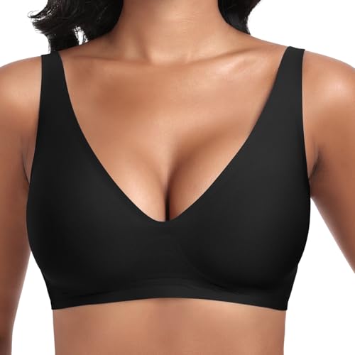 Jiuday Tiefer V Push Up BH ohne Bügel for Damen Bequemer BH für Große Brüste Starker Halt Seamless Soft Bra Bügelloser Gepolstert Nahtloser Glatter Bralette (Schwarz,S)