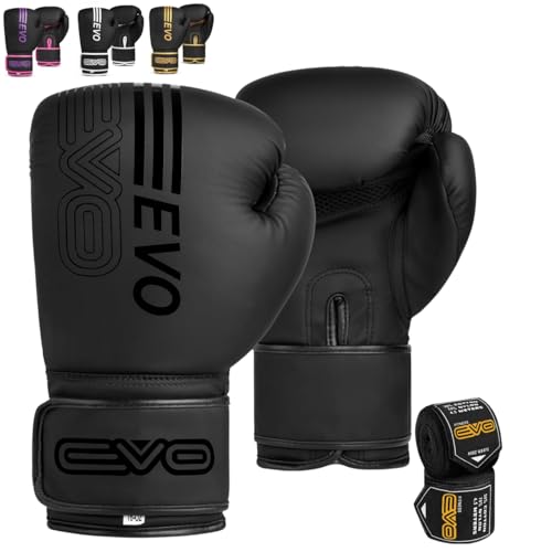 EVO Fitness Boxhandschuhe Männer Damen MMA Muay Thai Kampfsport Kickboxen Sparring Training Kämpfen Boxing Gloves Martial Arts Boxen Handschuhe Boxsack Rosa Handbandagen (Schwarz, 12 OZ)