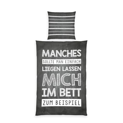 Herding Sprüche Bettwäsche-Set, Wendemotiv, Kopfkissenbezug 80 x 80 cm, Bettbezug 135 x 200 cm, Baumwolle/Renforcé, Grau/Weiß