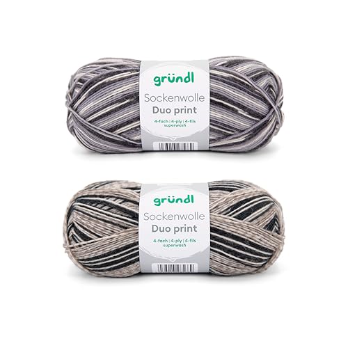 Gründl Wolle Sockenwolle Duo - Strickgarn für 2 Paar Socken - Strapazierfähig und hautfreundlich - 75% Schurwolle, 25% Polyamid - 2 Knäuel 100 g / 420 m - Nadelstärke 2,5-3 - grau-hellgrau-schwarz