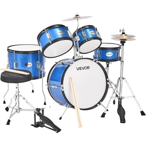 VEVOR Schlagzeug Set, 5-teilig, inkl. 40,6 cm Basstrommel, 25,4 cm Snare, 20,3 cm & 25,4 cm Tomtoms, 33 cm Standtom, Crash-Becken & 20,3 cm Hi-Hat, für Kinder von 6–13 Jahren, Blau