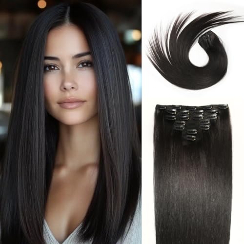 WOWANGEL Clip in Extensions Echthaar 16 Zoll(40cm) Nahtlos, 7 Stück 120g Remy Haare Ohne Schaden für Alltag, Hochzeiten & Events,21 Unsichtbare Clips, Wiederverwendbar,Natur Schwarz (1B)