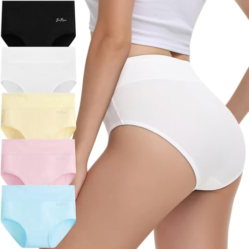 IceReco Unterhosen Damen Bauchweg Unterhose Damen Baumwolle High Waist Unterwäsche Frauen Set 5er Pack Slip Sportunterwäsche Schlüpfer Panties Briefs Underwear Stretch Schwarz Weiß Gelb Blau Rosa M