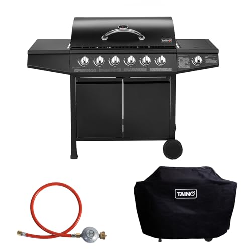 TAINO BASIC BBQ Gasgrill Grillwagen Edelstahl-Brenner + Seitenkocher Grill (Gasgrill BASIC 6+1 Set)