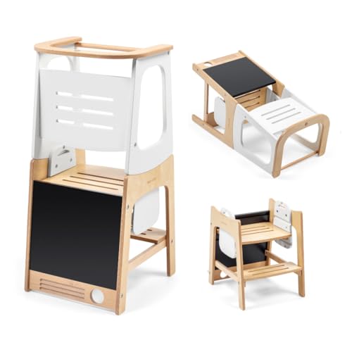 Maxi-Cosi Toucan 3-in-1-Lernturm Montessori Holz, Montessori Lernturm, 1,5–99+ Jahre, 10–150kg, 3 Höhen, verwandelt Sich in Tisch+Stuhl, integrierte Tafel, FSC® 100% Zertifiziertes Holz, Natural Wood