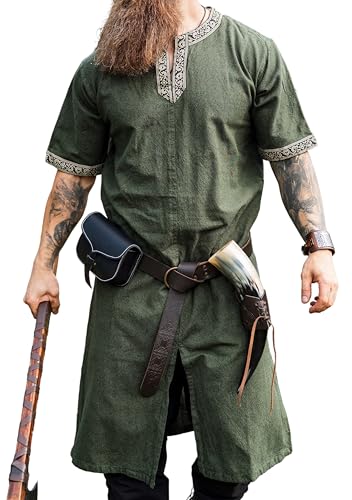 Leonardo Carbone® Kurzarm Tunika Richard - Mittelalter Kleidung Herren, Mittelalter Hemd, Freizeithemden Kurzarm, Karneval Kostüm Herren, Wikinger Tunika, LARP Kleidung - 100% Baumwolle Grün 2XL