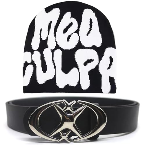 MOAZIFI Streetwear, Modisches Set Mit Mütze Und Gürtel, Y2k Cap Winter Knit Skater Beanie, Vintage Gothic Punk D Und Star Schnallengürtel Für Männer Und Frauen Stilvoller Bund Für Jeans Und Hosen
