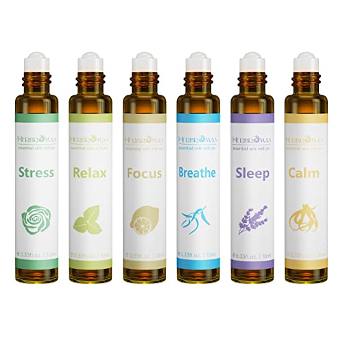 HERBROMAS-Aromatherapie ätherische Öle Roll On Set, gebrauchsfertige natürliche vorgetrübte ätherische Ölmischung, Entspannung Geschenk für Frauen und Männer, 6-Pack x 10ml für den Heimgebrauch
