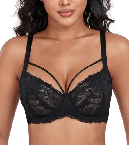 DotVol Damen Große Größen Minimizer BH Durchsichtige Ungepolsterte Spitze Unterwäsche Alltag Bra mit Schnürung(Schwarz, 85E)