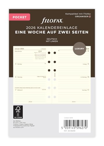 Filofax Kalender Pocket 1 Woche auf 2 Seiten cotton cream(deutsch)2026