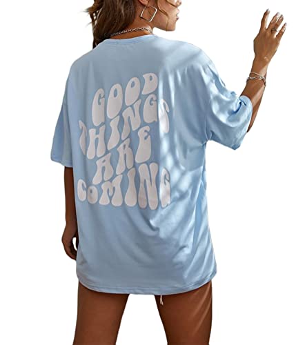 Tomwell T-Shirt Damen Kurzarm Sport Sommer Oberteile Oversize Tshirt mit Buchstaben Muster Lose Rundhals Rückendruck Bluse Teenager Mädchen Tunika Lang Top D Blau M