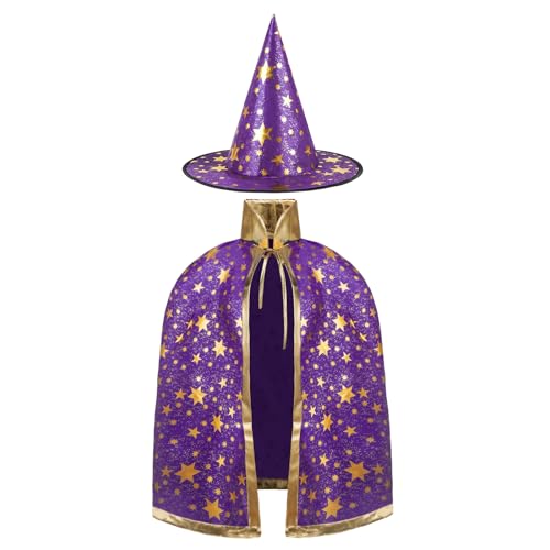 AYBUY Kinder Halloween Kostüm, Zauberer Kostüm Kinder, Wizard Cape Witch Umhang mit Hut, Kinderkostüm Hexenhut Faschingskostüm für Karneval Fasching Cosplay Junge Mädchen, Lila