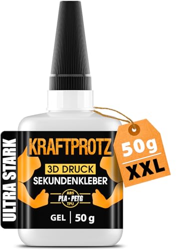 3D Druck Sekundenkleber Gel extra stark – 50 g XXL Superkleber wasserfest, hitzebeständig & transparent – Anti-Austrocknungs-Spitze – KRAFTPROTZ PLA-, ABS-, PETG-, TPU-Kleber & Zubehör