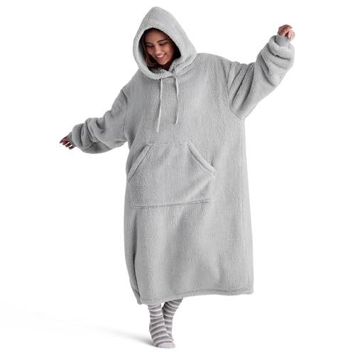 BEDSURE Hoodie Decke mit Ärmeln - Kuschelpullover als Geschenke für Frauen - Kuscheldecke mit Ärmeln Lang Tragbare Decke zum Anziehen Erwachsene Weihnachtsgeschenke für Frauen Herren, Grau 129x75cm