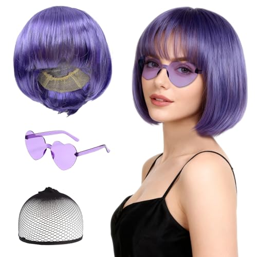 FUIPVGI Lila Bob Perücke und Sonnenbrillen Set, Synthetische Gerade Kurze Bob Perücken mit Pony, Sonnenbrille und Perückenkappe für Frauen Mädchen für Halloween Cosplay (Lila)