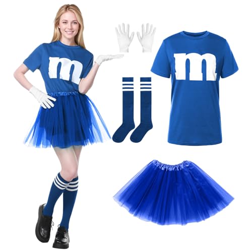 Alaiyaky M und M Kostüm Damen, M Aufdruck Tshirt Faschingskostüme Damen Lustig GruppenKostüm M T Shirt mit Tutu Handschuhe Streifensocken, Karneval Kostüm MM Outfits für Faschings (Blau, M)