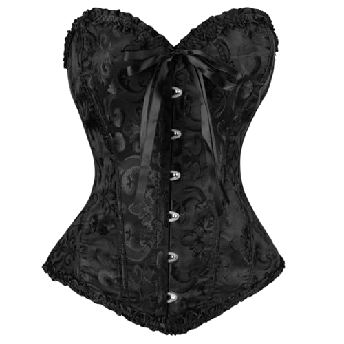 AUYAO Damen Vollbrust Corsage Vintage Corsagen Bustier Corsette Mittelalterliche Schnürbrust Damen Korsett mit Schnürung Blumenprint Korsett Top Corsage Bustier Korsett Unterbrustkorsett Schwarz(A-XL)