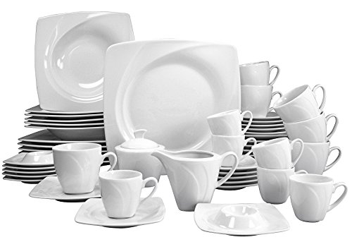 CreaTable, 13136, Serie Celebration weiss, 50-teiliges Geschirrset für 6 Personen, Kombiservice aus Porzellan, spülmaschinen- und mikrowellengeeignet, Made in Europe