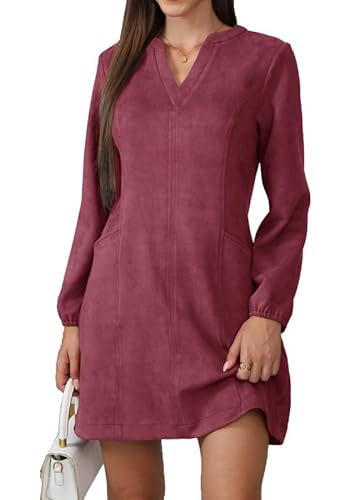 JayscreateEU Damen Herbst Kleid Mit Taschen Langarm V-Ausschnitt Herbstkleid Winterkleid Damen Knielang Tunika A Linien Shirtkleid Mit Taschen Langarm Autumn Dress,Rot,S