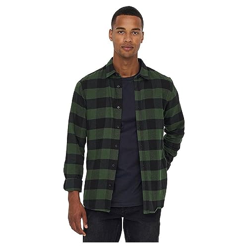 Kariertes Holzfäller Hemd Basic Langarm Flanellhemd Freizeit Karo Slim Fit Shirt Baumwolle ONSGUDMUND, Farben:Khaki, Größe Hemd:L