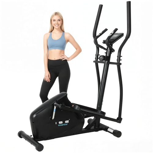 ISE Crosstrainer mit 28 cm Schrittlänge Crosstrainers für Zuhause, Ultraleiser Ellipsentrainer mit 8-stufiger Widerstand Magnetisch Ellipsentrainer,Crosstrainer klappbar mit LCD Monitor, Pulssensoren