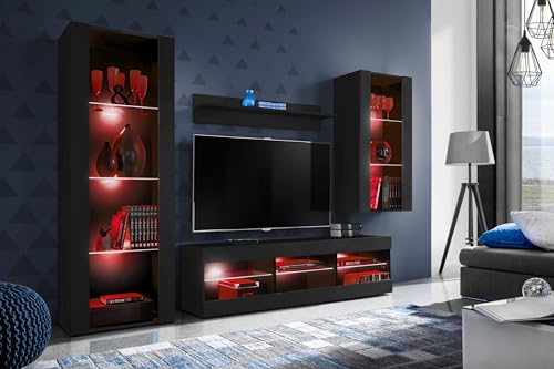 Komodee Wohnwand Wohnzimmerset Tivoli Medio, Schwarz/Schwarz, Breite 245cm x Höhe 159cm x Tiefe 35cm, LED RGB, für Wohnzimmer, Schlafzimmer