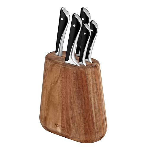 Jamie Oliver by Tefal 5-teiliges Küchenmesser-Set + Block, Koch-/Santoku-/Brot-/Universal-/Schälmesser, eisgehärtet, deutsche Edelstahlklingen, Akazienholz-Block, Braun, K267S556