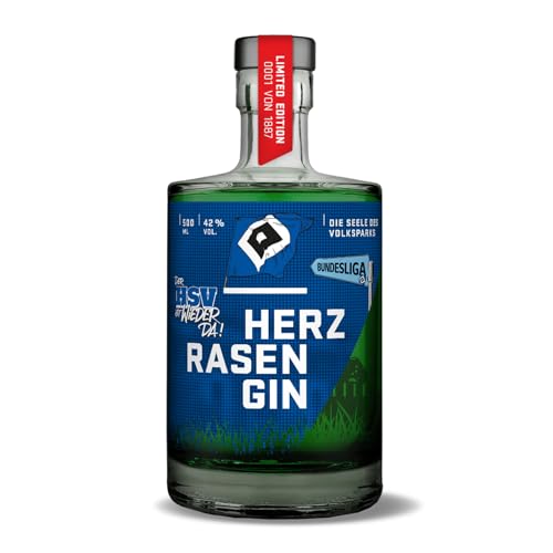 HERZRASEN HSV Gin 0,5l Aufstiegsedition 1887 Limited Edition – 42 % Vol. Premium Dry Gin mit 11 Botanicals und echtem Stadionrasen – Sammlerflasche und Geschenk für HSV Fans – vegan