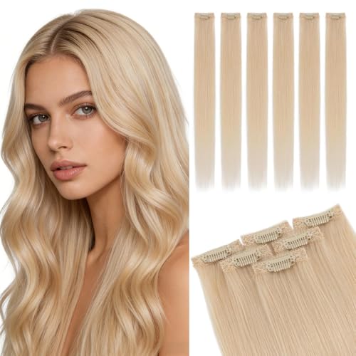 MY-LADY Clip in Extensions Echthaar 6 Stück, 25cm Haarverlängerung Natürlich, Single Clip Hair Extension Highlights für Frauen Damen Glatt Platinblond(#60, 31g)