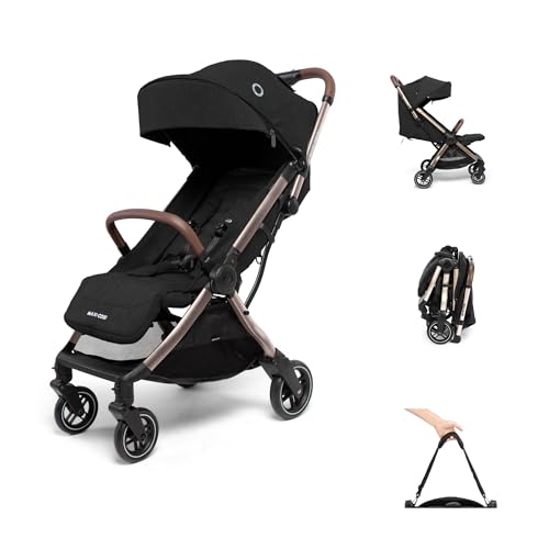 Maxi-Cosi Eva3 Kinderwagen, 0–4 Jahre, 0–22 kg, Baby Kinderwagen, Leicht und kompakt, Flache Liegeposition, 3 Liegepositionen, Automatisch mit 1 Hand klappbar, Tragegurt, Essential Black Champagne