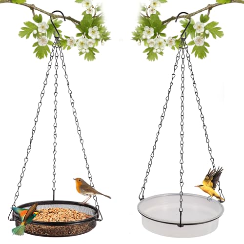 HRAYLTOP 2er Set Vogelfutterspender zum Aufhängen (18x18x3cm,∅18cm)-Metall Vogelfutterhaus für Vögel-Vögel futterstelle zur ganzjährigen-Vogeltränke hängend für Wildvögel im Garten