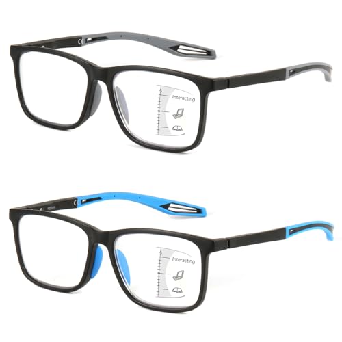 Missfive 2 Pack Sportliche Gleitsichtbrille Herren Gleitsicht Lesebrille Multifokale Blaulichtfilter Vollrand Raumcomfort-Brillen Mit Federscharniere (Schwarz&Blau, 3.0x)