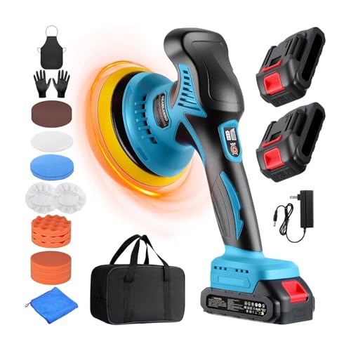 Poliermaschine Auto Akku, 8 variable Geschwindigkeit 2800–6000 U/min, 21V kabellose Auto Politur Maschine mit 2×2.0Ah Akkus und 17-teiligem Polierset für Autopflege Polieren Wachsen Kratzerentfernung