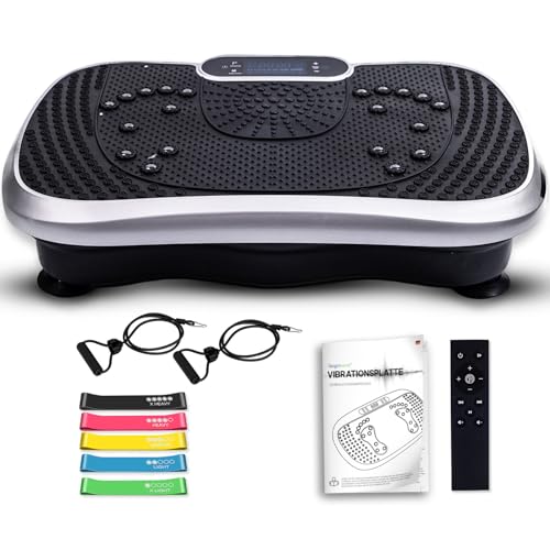 Vibrationsplatte - Fitnessgeräte für Zuhause - 99 Intensitätsstufen - 5 Trainingsprogramme - Massagegerät & Sportgerät mit Bluetooth für Home Workout - Mit Widerstandsbändern - WeightWorld