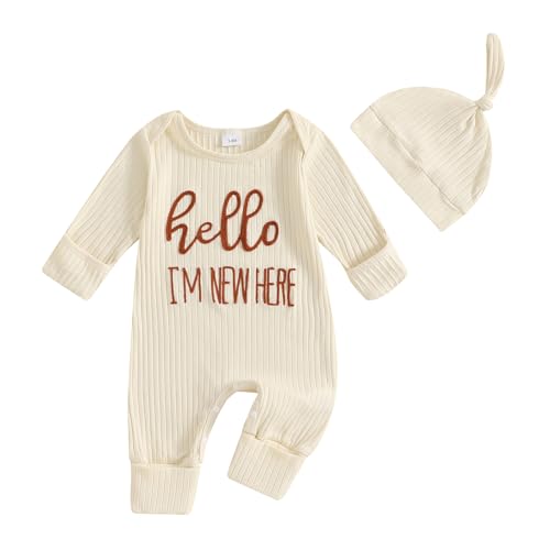 Geagodelia Baby Jungen Strampler + Hut Neugeborene Kleidung Outfit Overall Babykleidung Weiche Babystrampler (Hello I'm New Here - Beige, Neugeborene)