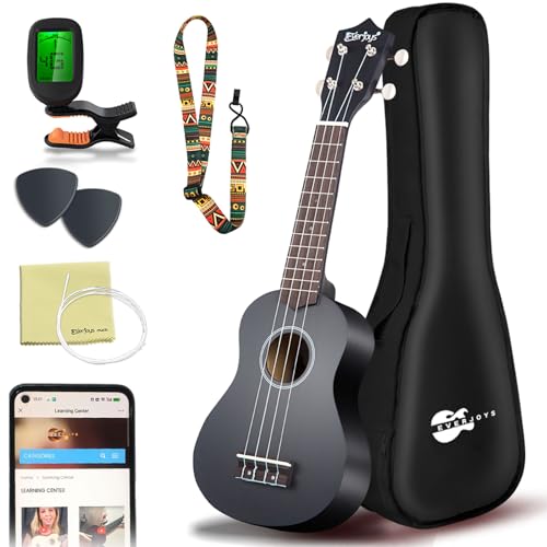 Everjoys Sopran Ukulele Set für Erwachsene 21 Zoll Ukulele Starter Kit mit Tasche, Tuner, Songbook, Saiten, Pick, Kleine Hawaii Gitarre Schwarz