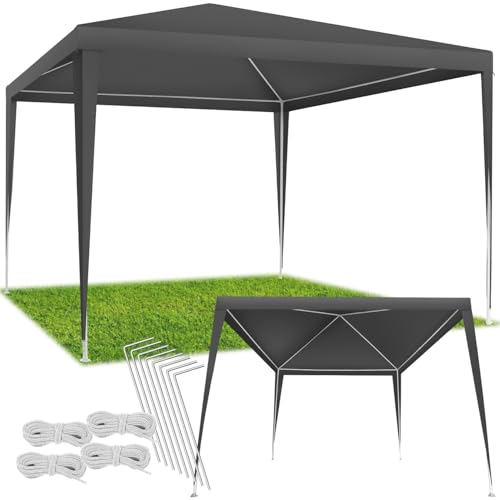 tectake® Pavillon 3x3 m, Gartenzelt wasserdicht, Zelt UV-Schutz, Partyzelt 3x3 Garten, Unterstand, Überdachung Camping, Festival, Gartenpavillon, Terrassenüberdachung mit Spannseile + Heringe - grau