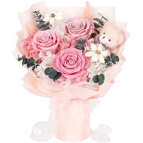 Konservierter Blumenstrauß mit Bär, 3 echte ewige Blumen, langanhaltender rosa Rosenstrauß, Jubiläums- & Geburtstagsgeschenk, Valentinstag Geschenke für sie, Geschenke für Frauen, Mädchen, Freundin