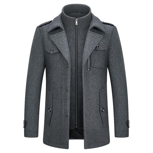 KUDORO Herren Wintermantel Wolle Kurzmantel Herren Wollmantel Mittellang Slim Fit für Business Freizeit Peacoat Herren Casual(Grau1,M)