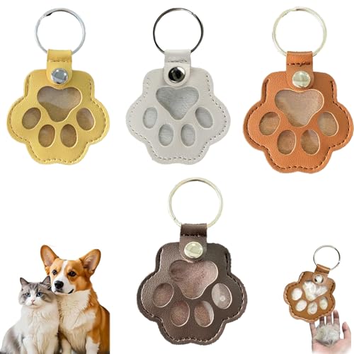 BrKern Tierhaar Anhänger, 4 Stück Schlüsselanhänger für Tierhaare, Personalisierte Katzenhaar Erinnerung, Gedenkgeschenk für Haustiere in Weiß, Dunkelbraun, Gelb und Hellbraun Leder Katze