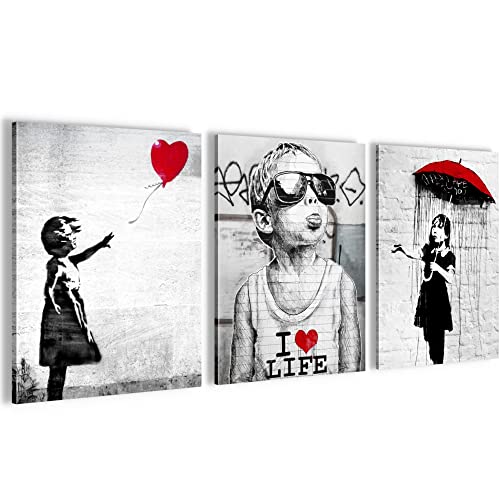 Novart Wandbilder Set Banksy Collage - KOMPLETT AUFHÄNGFERTIG - Wohnzimmer Büro Deko - 3 Moderne Bilder Street Art - N003135a