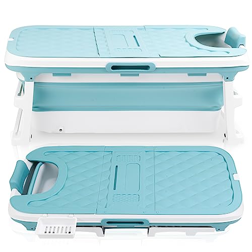 Cecaylie 149x60x50cm Faltbare Badewanne Erwachsene, Tragbare Klappbare mobile Badewanne mit Abdeckung & Massagerollen, Seifenkorb, für Badezimmer und Dusche - Blau