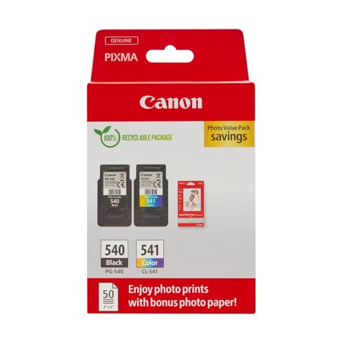 Canon Tinte & Papier Multipack - PG-540/CL-541 Original Drucker Tintenpatronen 2er-Pack (1 x Schwarz, 1 x Farbe druckerpatronen) & 4x6 Fotopapier (50 x Blatt) Für PIXMA TS5150, TS5151, MG3650s, MG4250