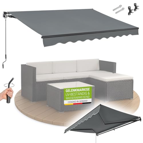 Juskys Gelenkarmmarkise 300 x 250 cm, UV40+ & wasserabweisend, mit Kurbel & Wandhalterung Länge + Winkel einstellbar, Markise für Terrasse & Balkon, Sonnenschutz Balkonmarkise Gelenkmarkise, Grau
