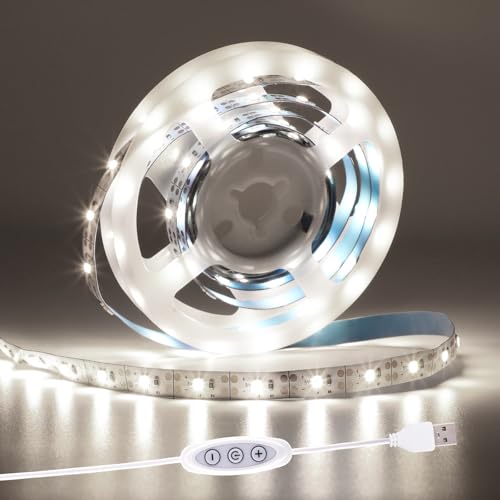 MUSUNIA USB LED Strip 5V 2M kaltweiß 6000K Dimmbar TV LED Hintergrundbeleuchtung Flexible LED Band mit Selbstklebend für Schlafzimmer Zuhause DIY Beleuchtung