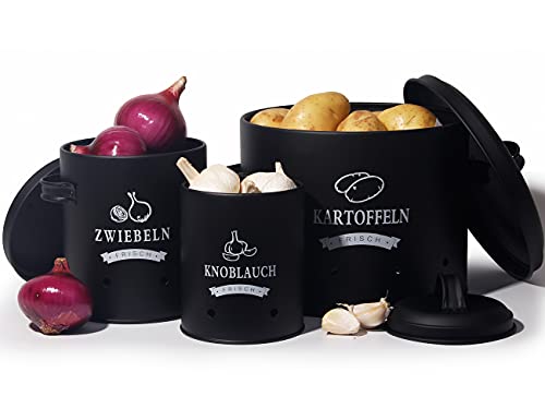Theo&Cleo Kartoffel Vorratsdosen Set, Kartoffeltopf im Retro Design Zwiebeltopf, Großer Vorratsbehälter aus Metall, Küche Aufbewahrung, Kann Kartoffeln für eine lange Zeit lagern (Schwarz-Set)