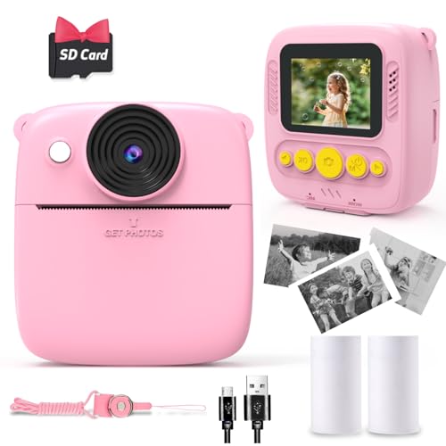 NUOTUN Sofortbildkamera Kinder, Kinder Kamera mit Fotos drucken, 2,0 Zoll HD Bildschirm, 8X Zoom, 1080P Digitalkamera mit Druckpapier & Karte, Kinderkamera Geschenk mädchen & Junge 3-12 Jahre (Rosa)