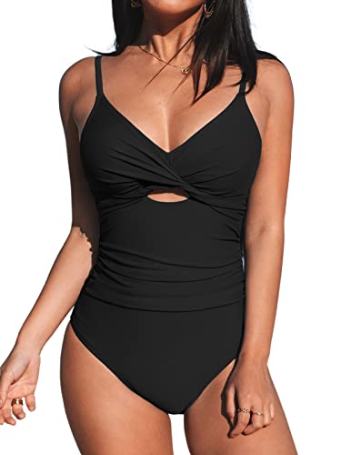 CUPSHE Damen Badeanzug V Ausschnitt Crossover Zierausschnitten Bauchweg Raffungen Einteilige Bademode Swimsuit Schwarz S